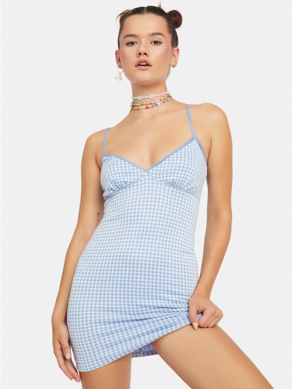 Dolls Kill Blue Blush Spring Forward Blue Gingham Bodycon Mini Dress Size Small